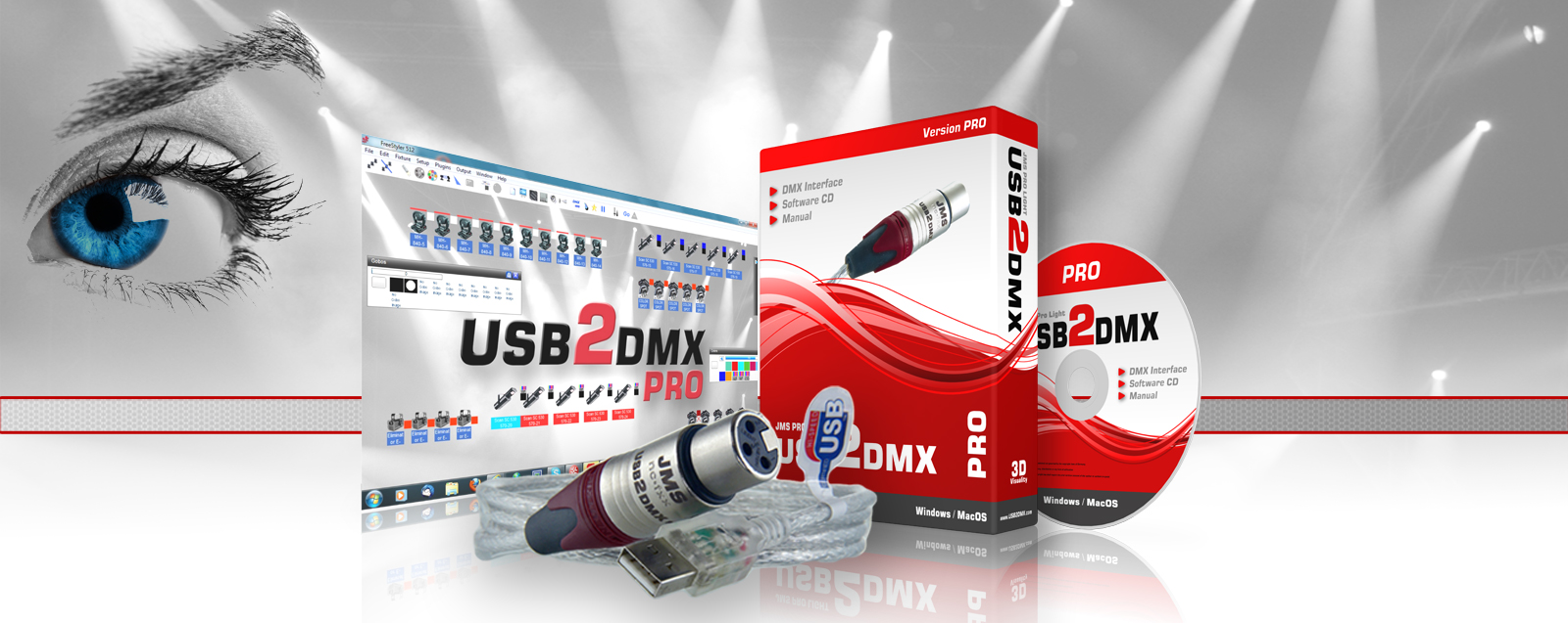 USB2DMX Komplettpaket mit Interface, Software-CD und Anleitung